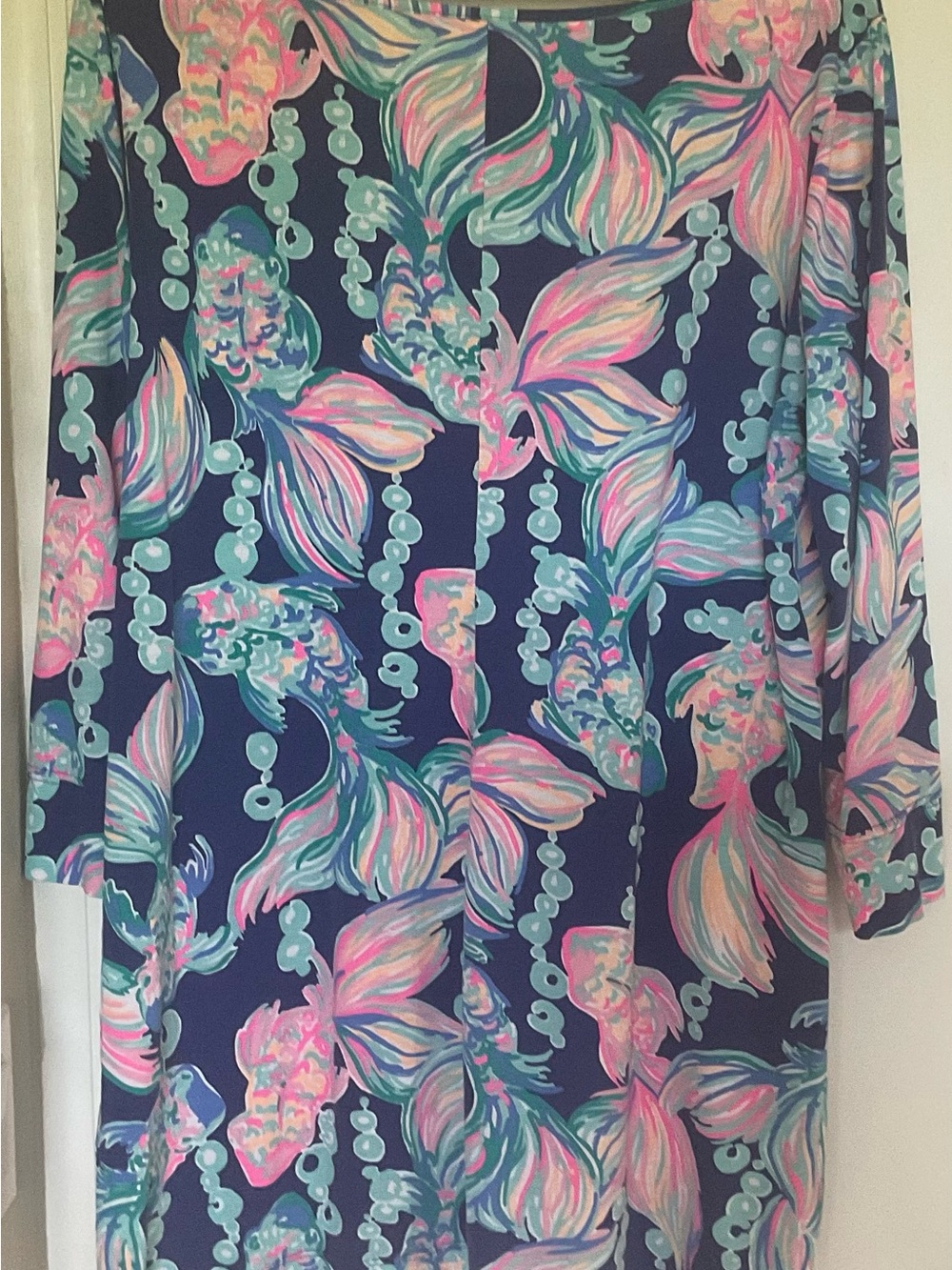 Lilly Pulitzer Navy Tunic with Pink & Aqua Floral Fish Print - Picture 2 of 3